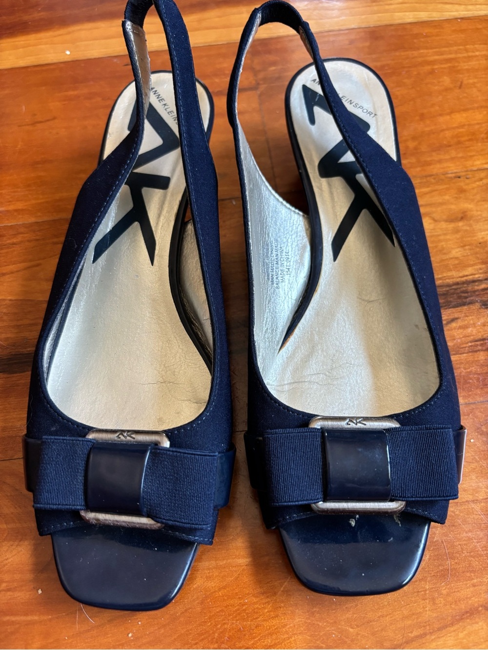 Anne Klein Navy Fabric Slingback Bow Flats with Buckle